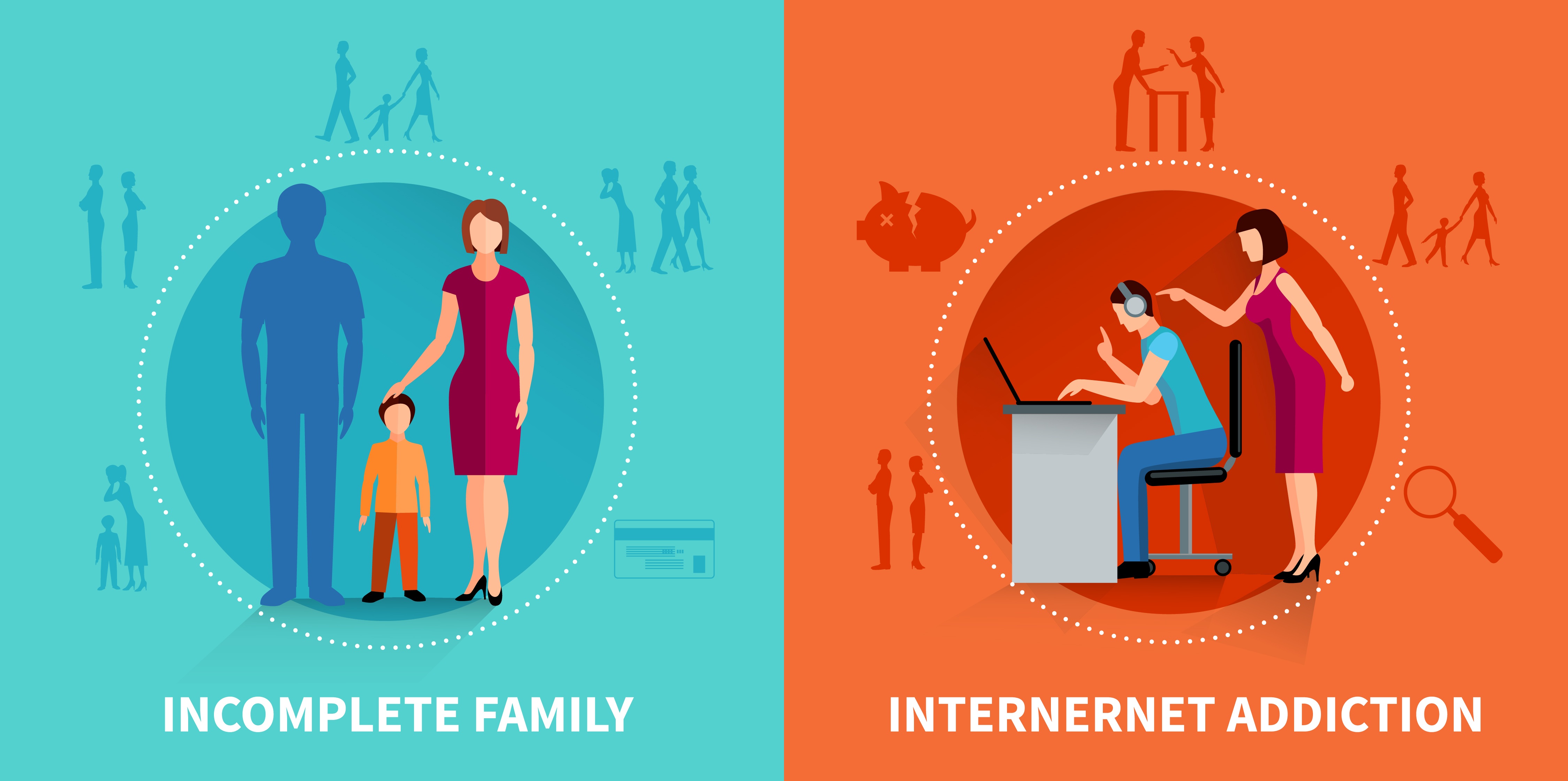 Psychological causes of family conflict flat design concept set  vector illustration