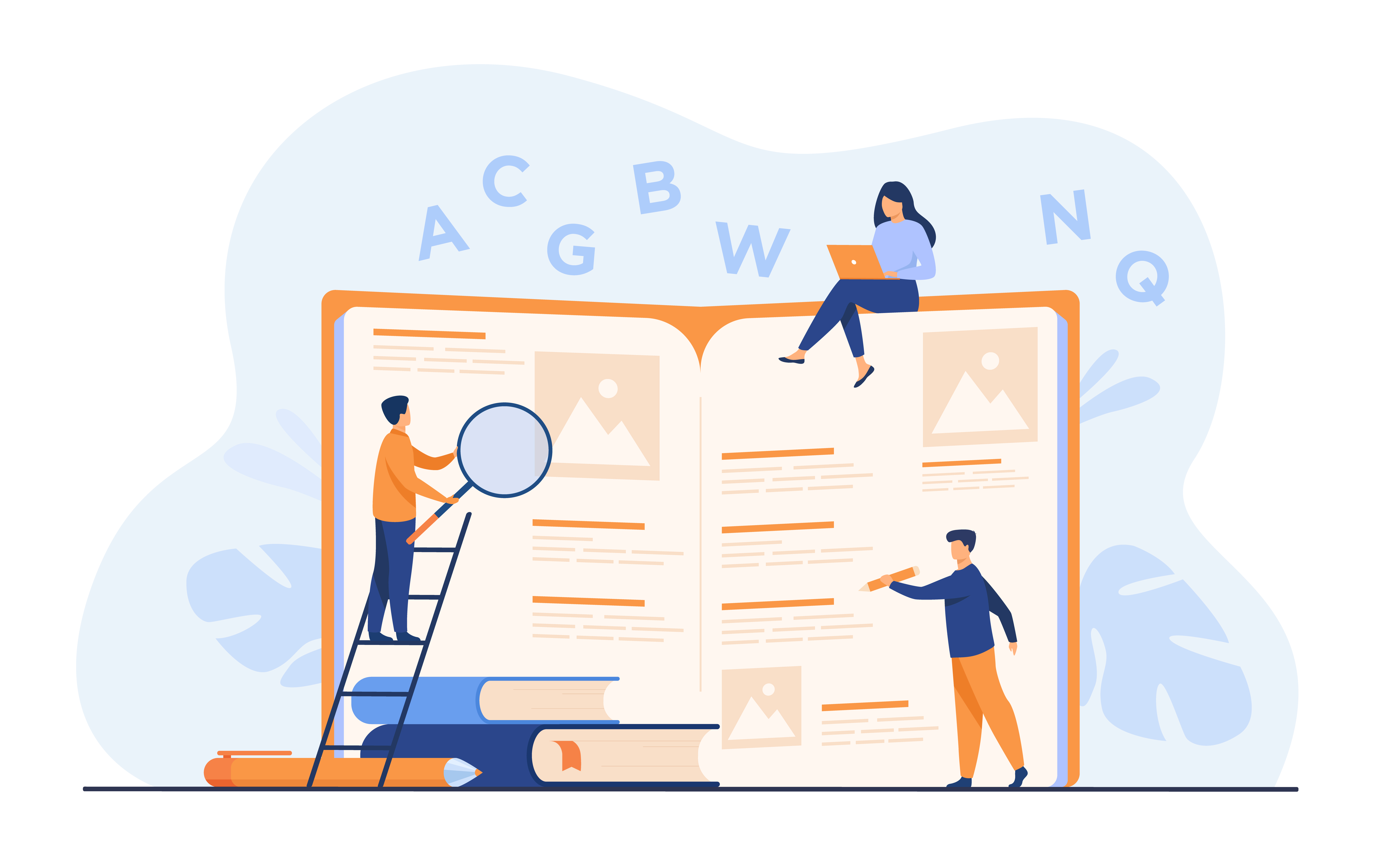 Students learning foreign language with vocabulary. Tiny people reading grammar book. Flat vector illustration for abc book, literature class, knowledge concept